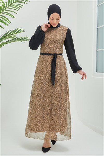 Milenda Şal Desen Kuşaklı Şifon Elbise - Bej