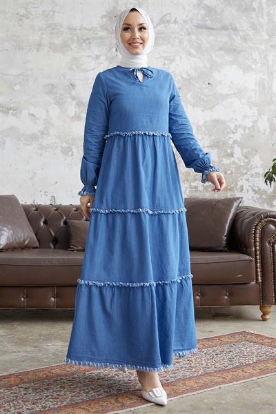 Miriana Biye Desenli Bağcıklı Kot Elbise - Açık Mavi