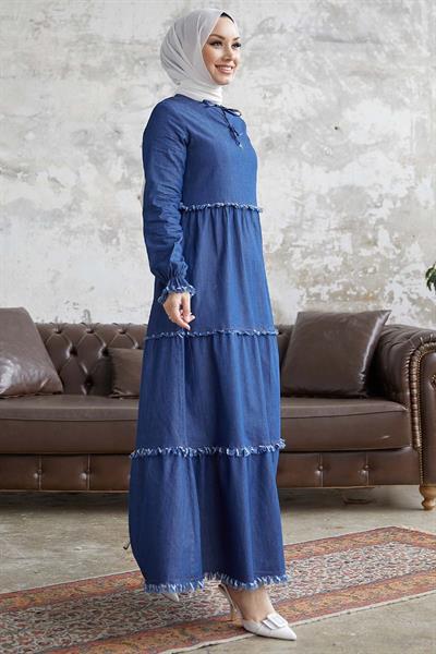 Miriana Biye Desenli Bağcıklı Kot Elbise - Mavi