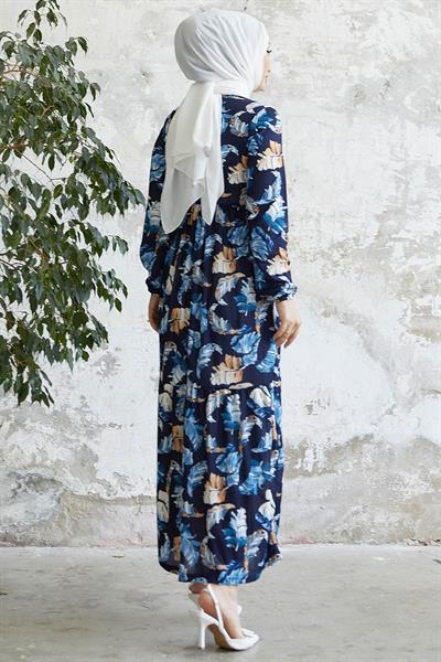Nerissa Yaprak Desen Elbise - İndigo