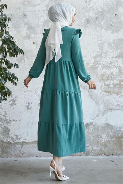 Neya Omuzu Fırfırlı Salaş Elbise - Su Yeşili