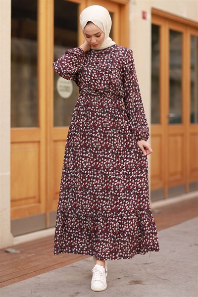 Renkli Papatya Desen Elbise - Bordo | Modasima.com