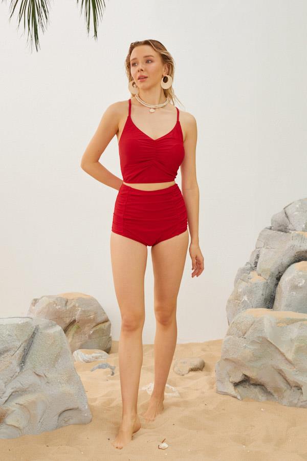 Starinci MayoYüksek Bel Toparlayıcı Model Göğüs Büzgülü Kırmızı Bikini Takımı