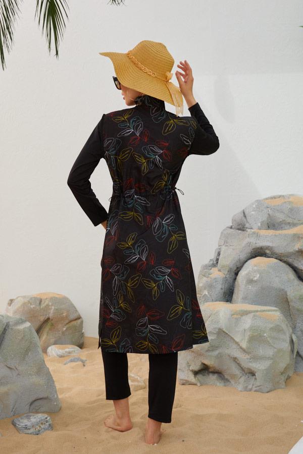 Starinci MayoTam Kapalı Tesettür Mayo Modelleri Siyah Renkli Dal Desenli