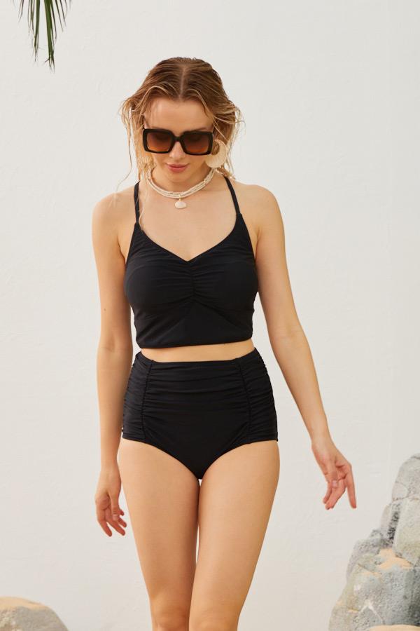 Starinci MayoYüksek Bel Büzgülü Model Toparlayıcı Siyah Bikini Takımı