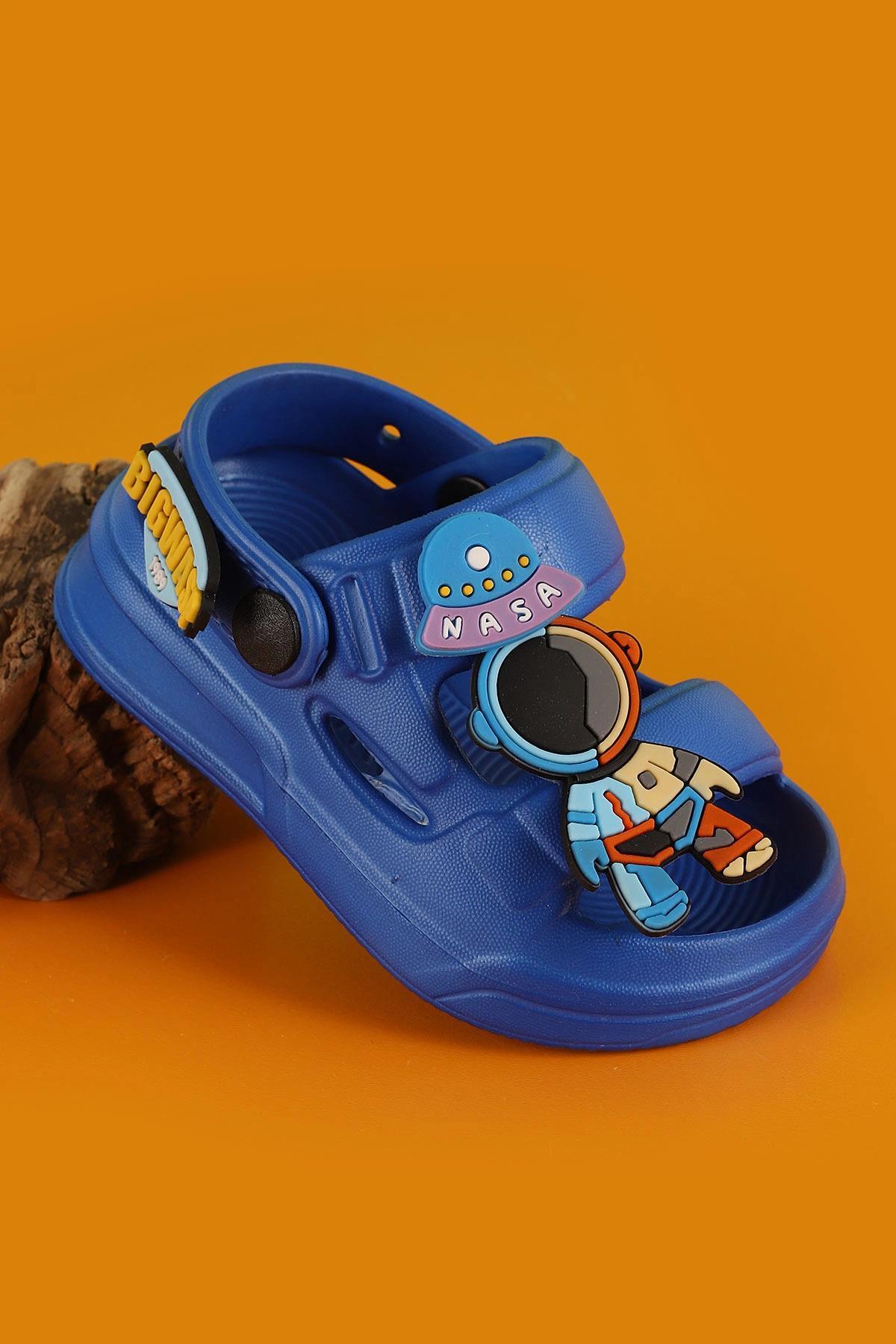 Figürlü Çift Şerit Tırtıklı Taban Mavi  Çocuk&Bebek Terlik