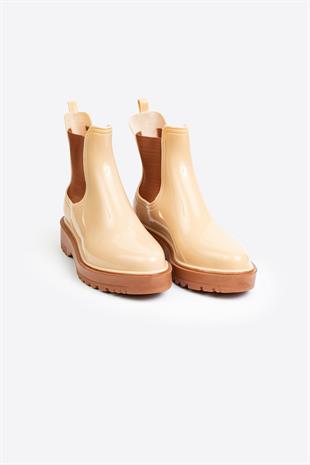 Kadın Parlak Chelsea Yağmur Botu –Kalın Taban Krem Bot