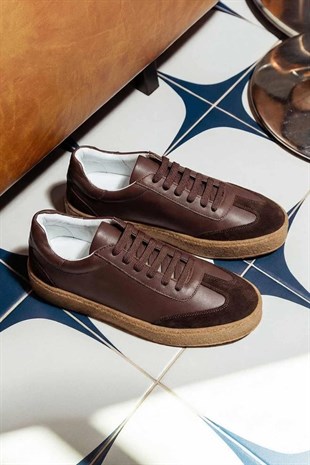 LTN-HY04 Erkek Hakiki Deri Günlük Sneaker –Kahverengi Casual Ayakkabı 