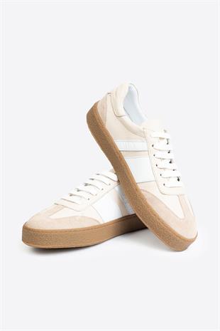 Şerit Detaylı Klasik Deri Bej Spor Ayakkabı