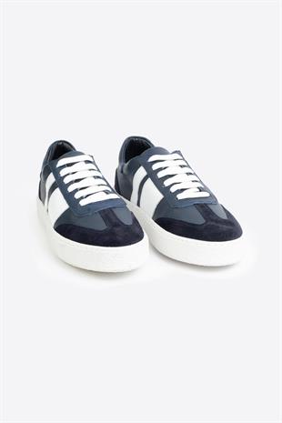 Şerit Detaylı Klasik Deri Lacivert Spor Ayakkabı