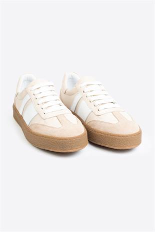 Şerit Detaylı Klasik Deri Bej Spor Ayakkabı