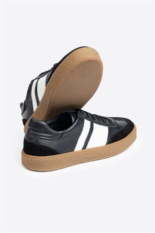 Şerit Detaylı Klasik  Deri Siyah Spor Ayakkabı 