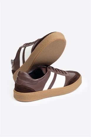 Şerit Detaylı Klasik Deri Kahverengi Spor Ayakkabı 