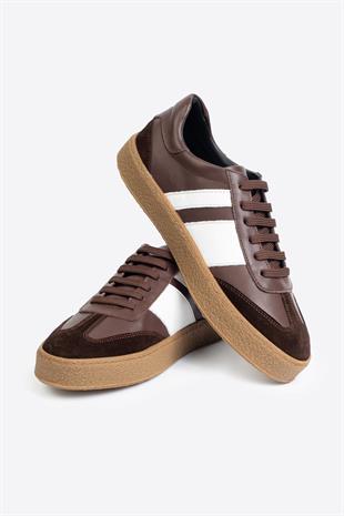 Şerit Detaylı Klasik Deri Kahverengi Spor Ayakkabı 