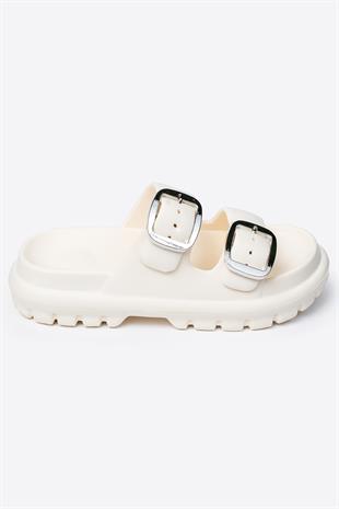 Çift Tokalı Krem Kadın Eva Kalın Taban Terlik 