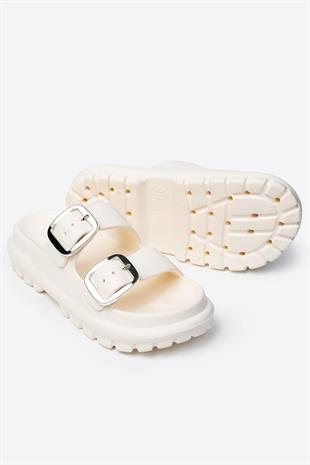 Çift Tokalı Krem Kadın Eva Kalın Taban Terlik 