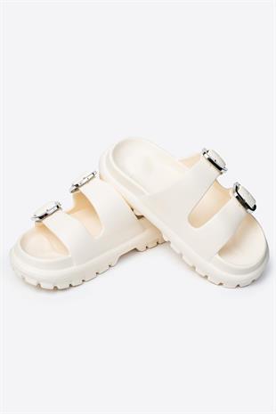 Çift Tokalı Krem Kadın Eva Kalın Taban Terlik 