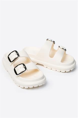 Çift Tokalı Krem Kadın Eva Kalın Taban Terlik 
