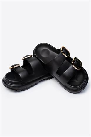 Çift Tokalı Siyah Kadın Eva Kalın Taban Terlik 