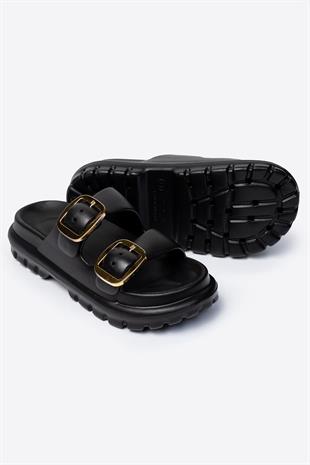 Çift Tokalı Siyah Kadın Eva Kalın Taban Terlik 