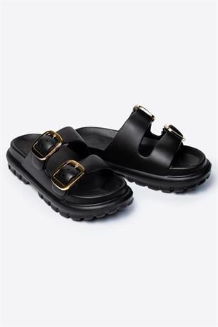 Çift Tokalı Siyah Kadın Eva Kalın Taban Terlik 