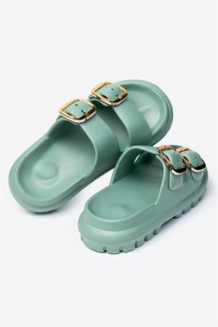 Çift Tokalı Yeşil Kadın Eva Kalın Taban Terlik 