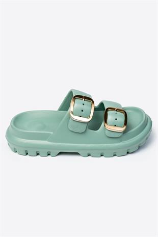 Çift Tokalı Yeşil Kadın Eva Kalın Taban Terlik 