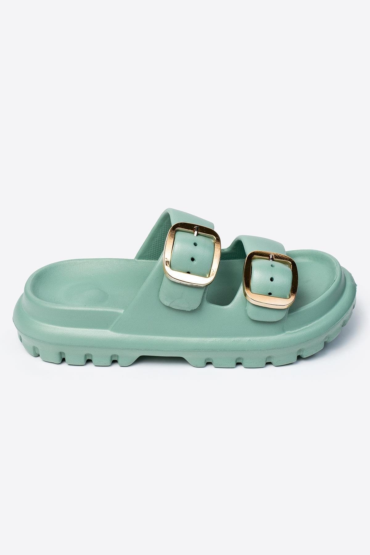 Çift Tokalı Yeşil Kadın Eva Kalın Taban Terlik 