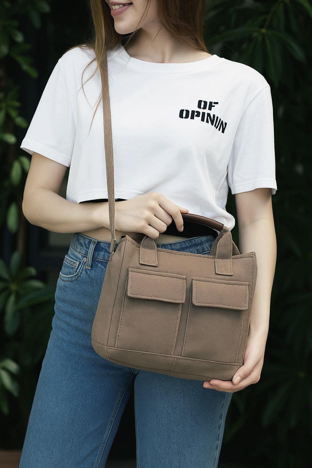 Kanvas Cepli Kahverengi Kadın Çapraz Çanta 