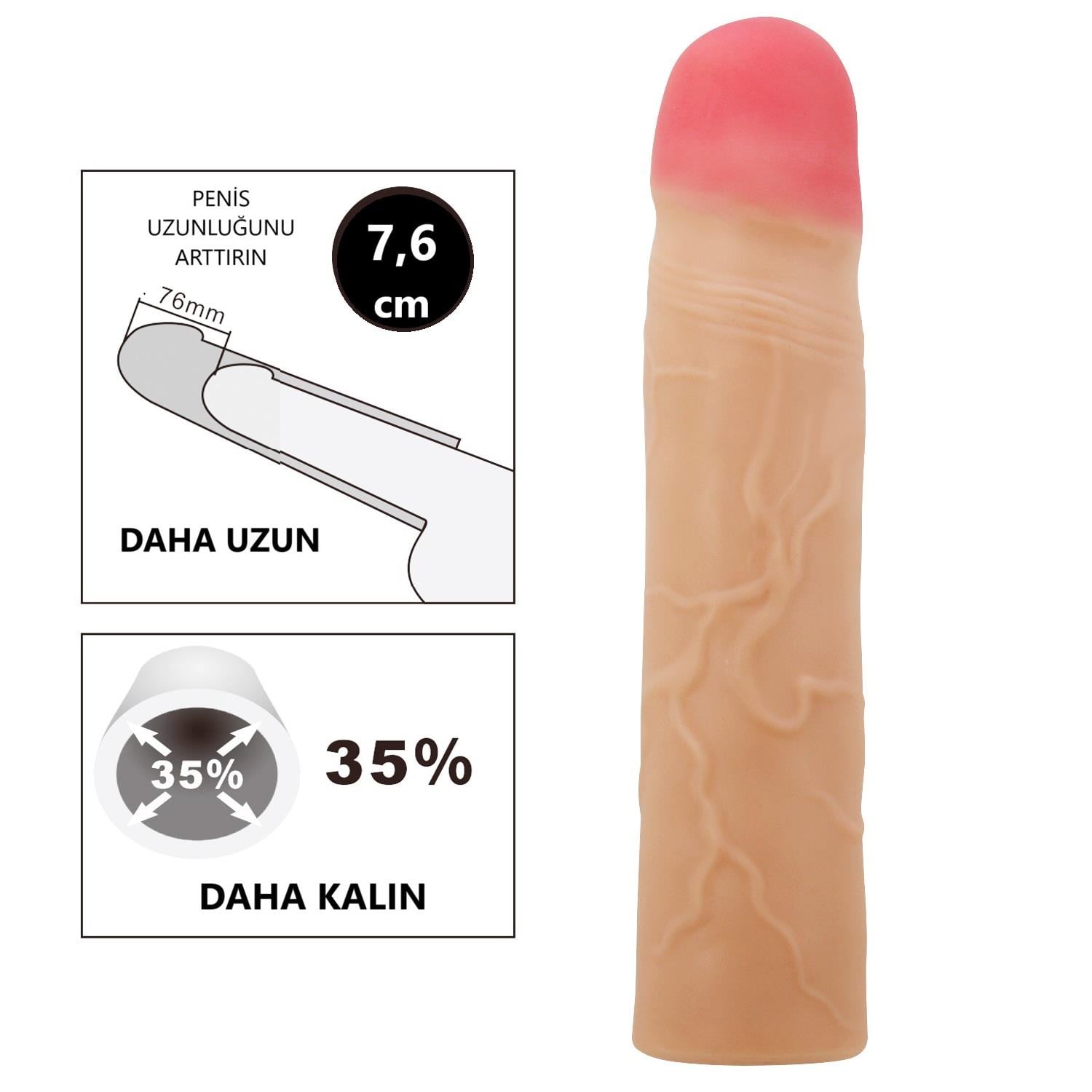 7,6 cm Dolgulu Premium Ten Rengi Silikon Penis Kılıfı - Kylian