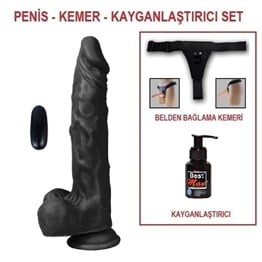 21 cm Belden BağlamalıTitreşimli Gerçekçi Silikon Zenci Penis Set