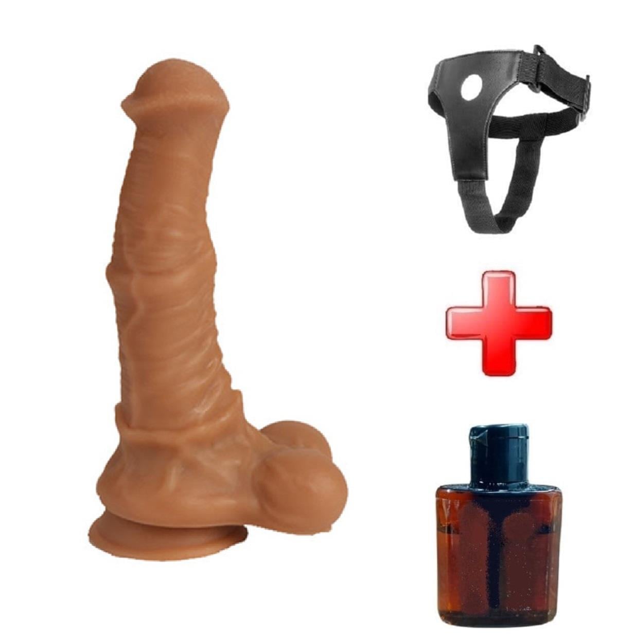 Belden Bağlamalı 33 cm Et Dokulu Gerçekçi Çift Katmanlı Sünnetsiz Silikon Melez Penis - Horse Power 2