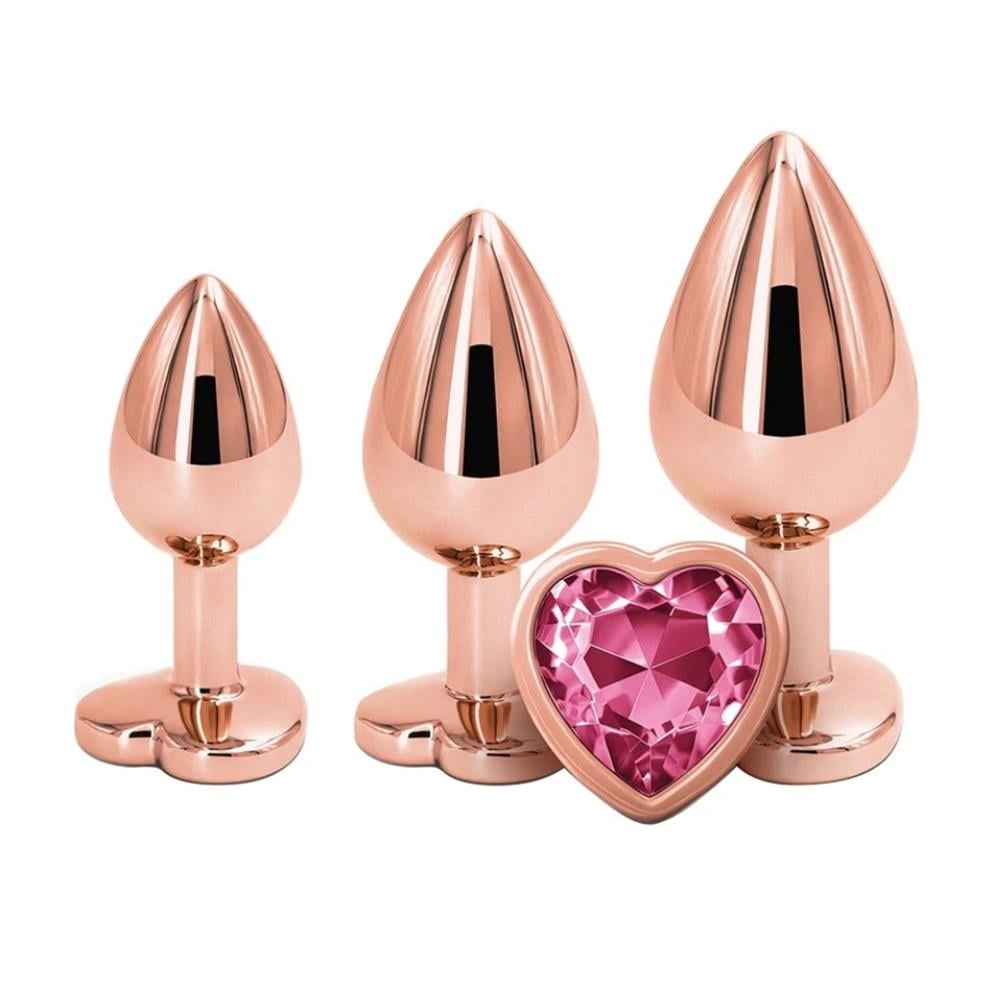 Kalp Mücevherli Paslanmaz Çelik Altın Gül Anal Plug Alıştırma Seti