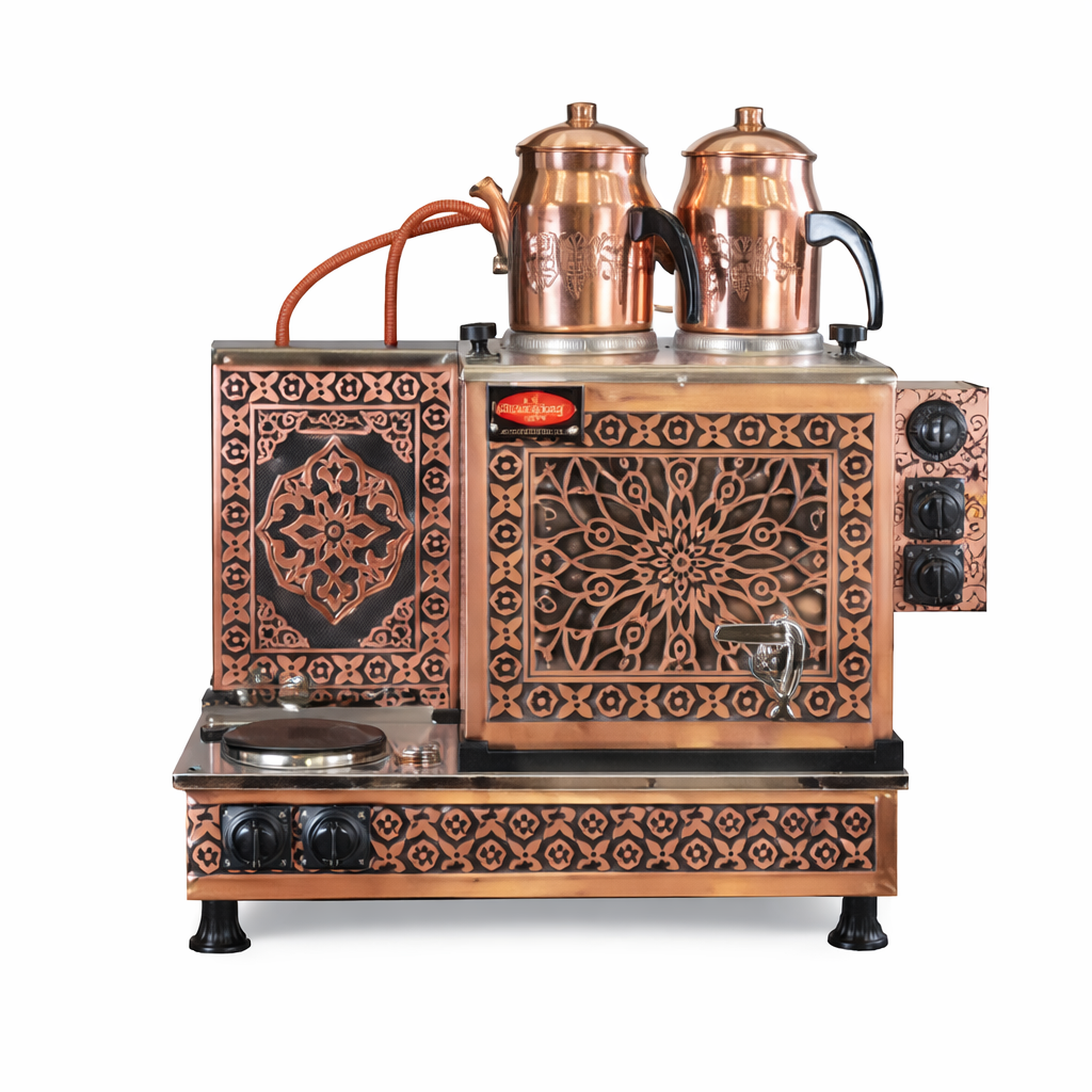 2 Demlikli Bakır Kahveci Ocağı Elektrikli Pleytli