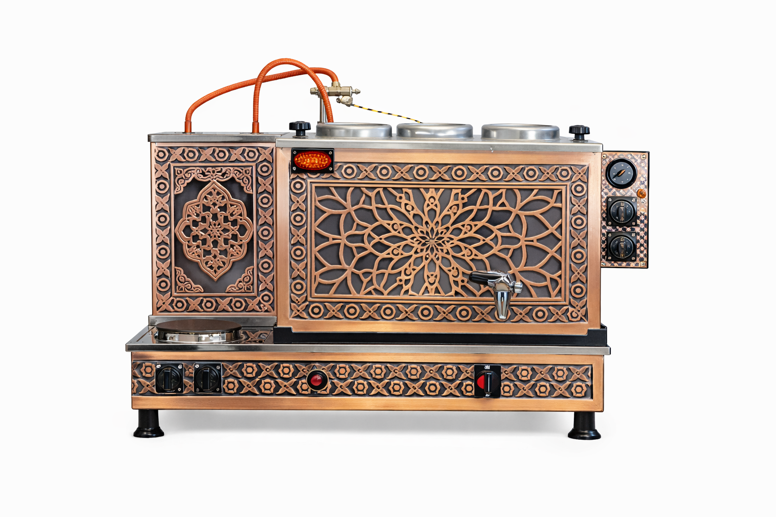 3 Demlikli Bakır Kahveci Ocağı Elektrikli Pleytli