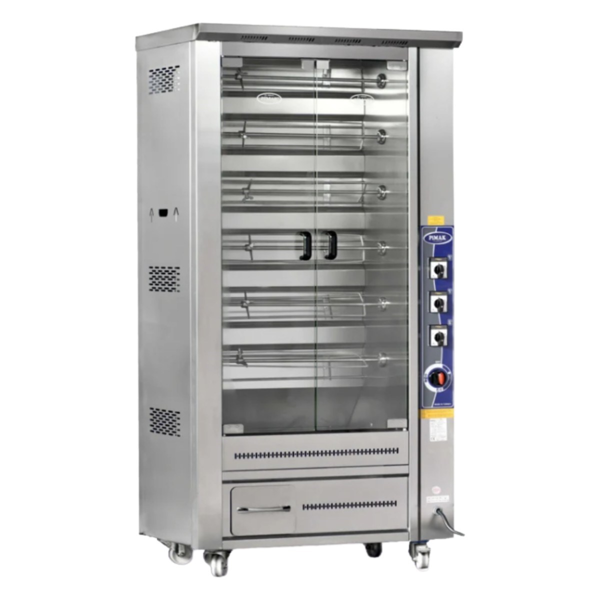 Pimak M011-DE Elektrikli Dik Tip Piliç Çevirme Makinesi, 6 Şiş / 30 Piliç, 105x60x190 cm-PİLİÇ ÇEVİRME MAKİNALARI - Demasan
