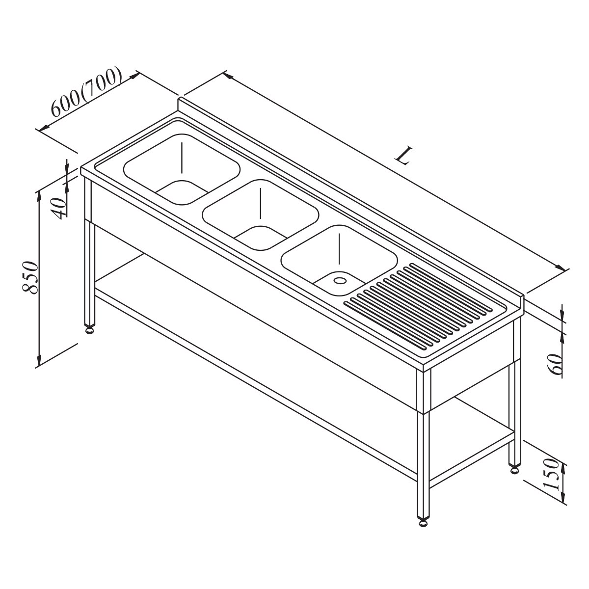 Öztiryakiler Evyeli Tezgah 3G/1D Sağ 3 Perdeli Taban Raflı 240x70