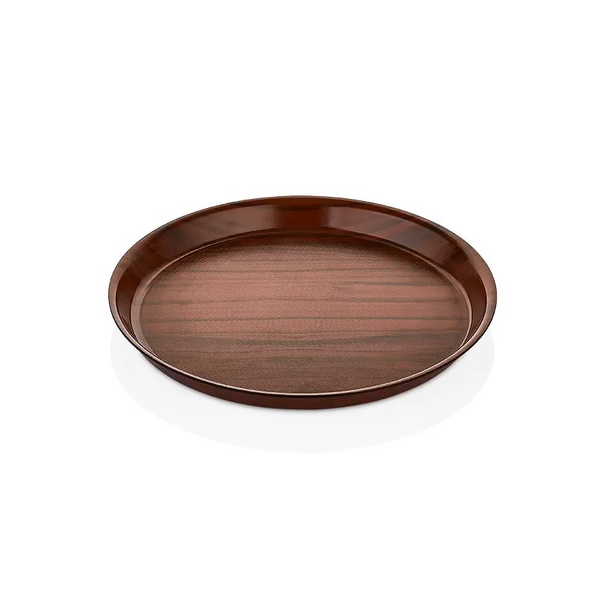 Thermoset Lamine Kaymaz Derin Yuvarlak Tepsi Ceviz Ø 36 cm-Kırılmaz Sürahi ve Tepsiler - Demasan
