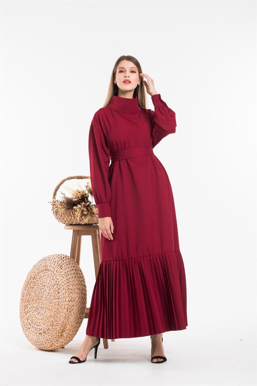 Bordo Pile Detaylı Elbise