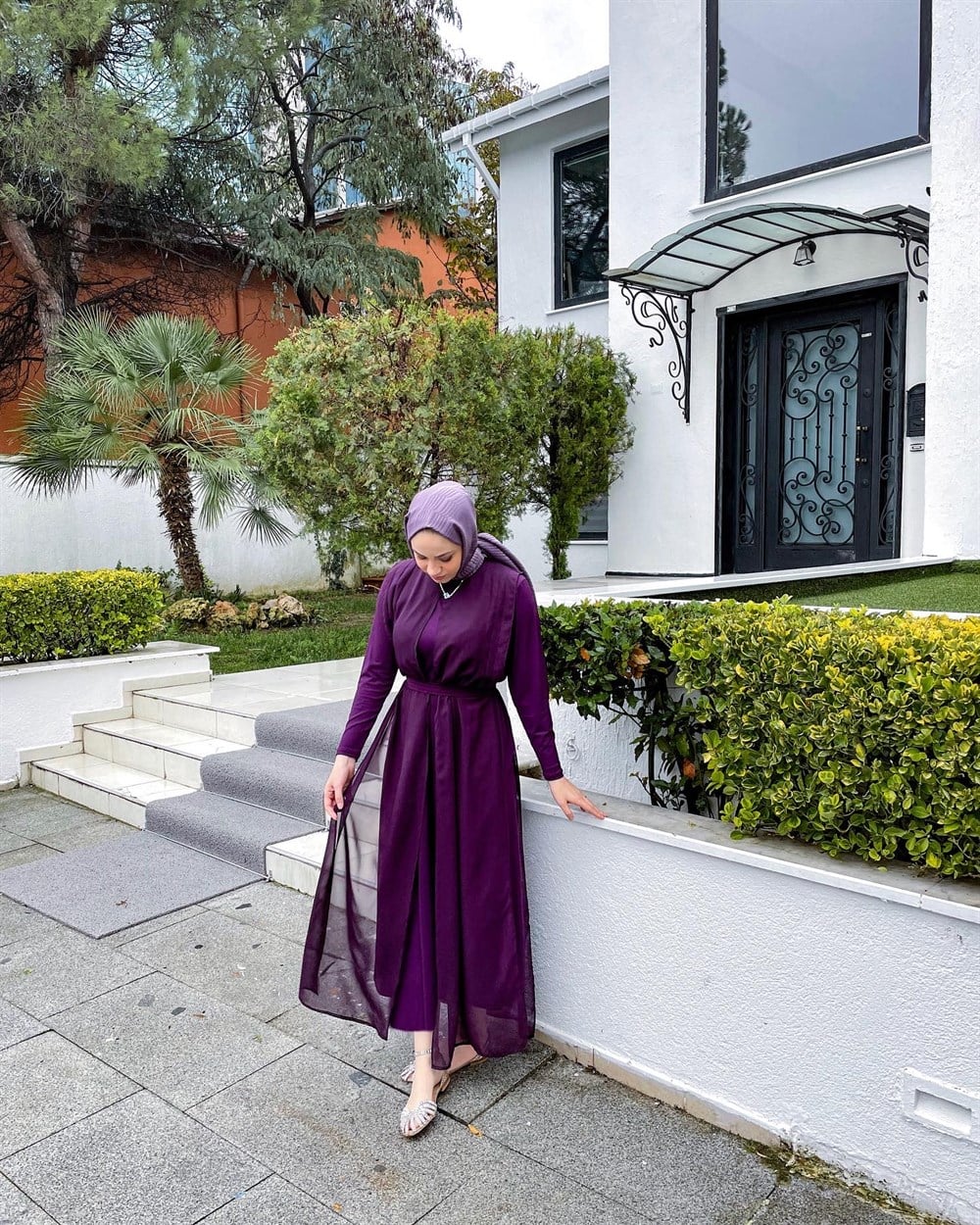 Şifon Detaylı Elbise Mor