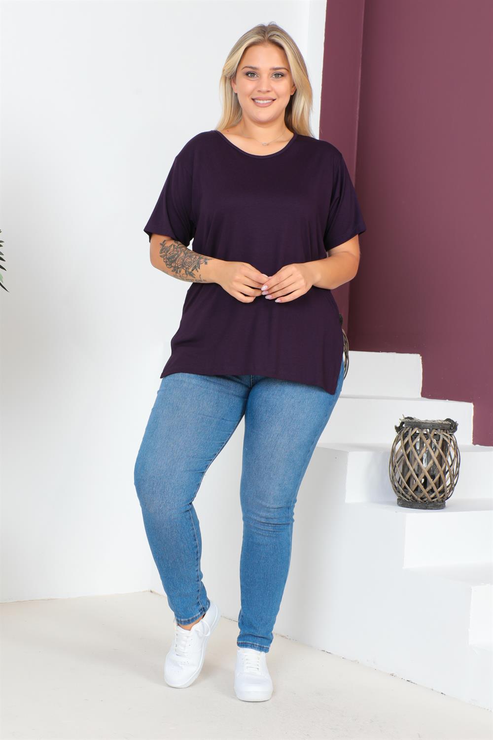 Mürdüm Büyük Beden Penye Bluz  T-Shirt