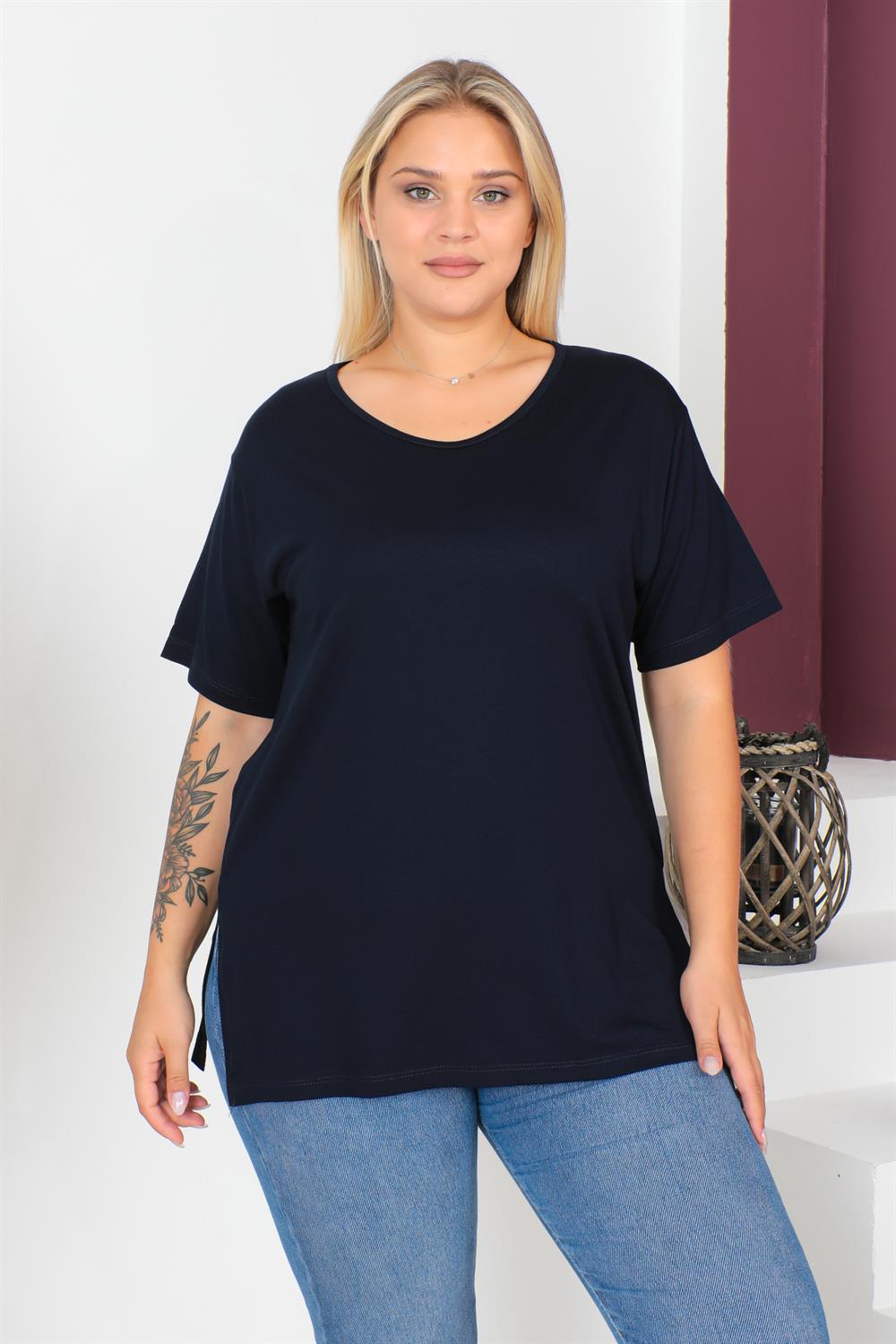Lacivert Büyük Beden Penye Bluz  T-Shirt