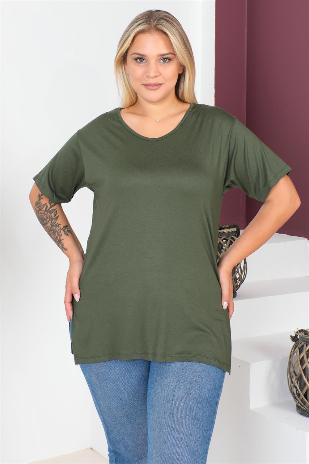 Haki Büyük Beden Penye Bluz  T-Shirt