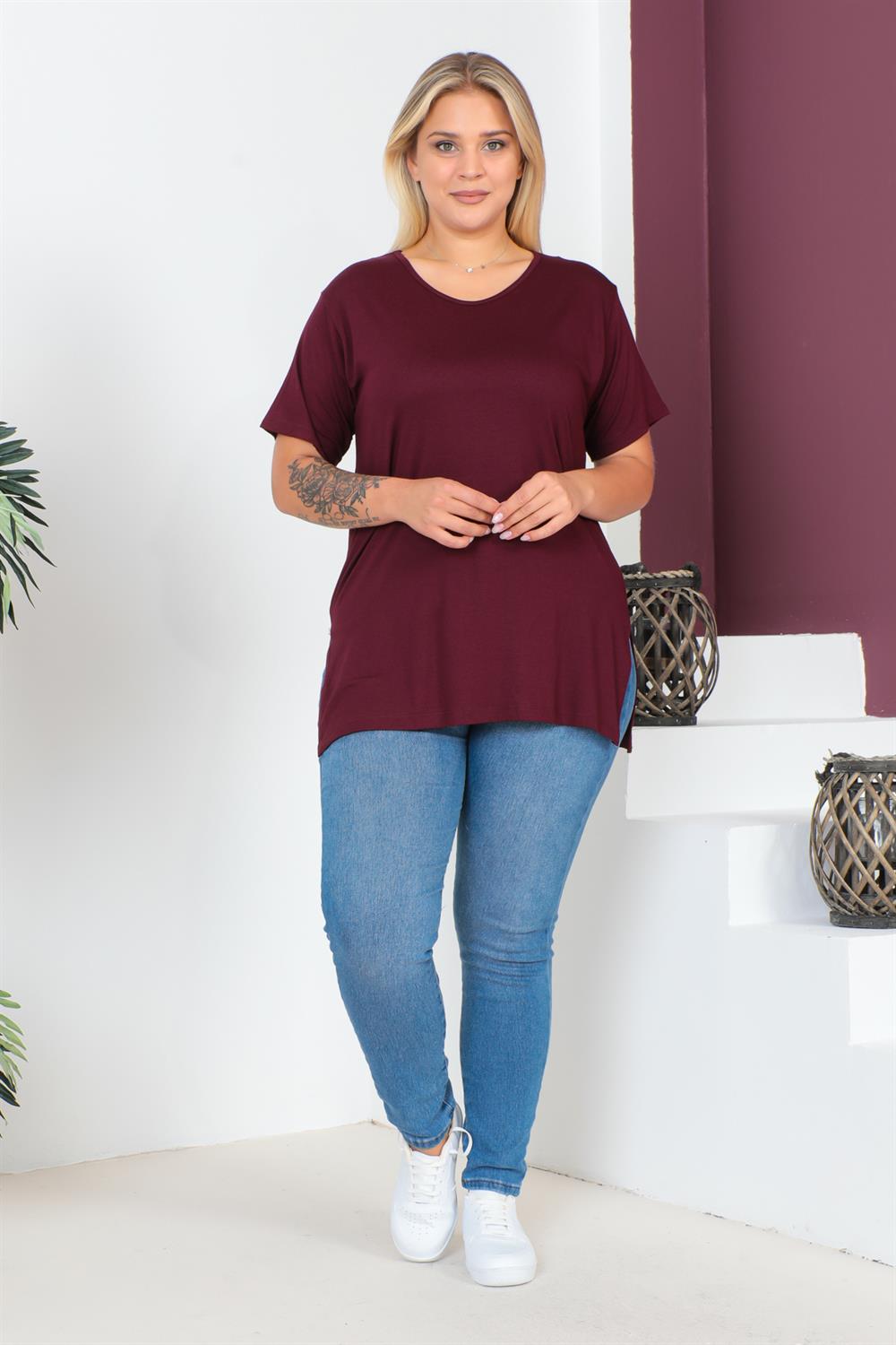 Bordo Büyük Beden Penye Bluz  T-Shirt
