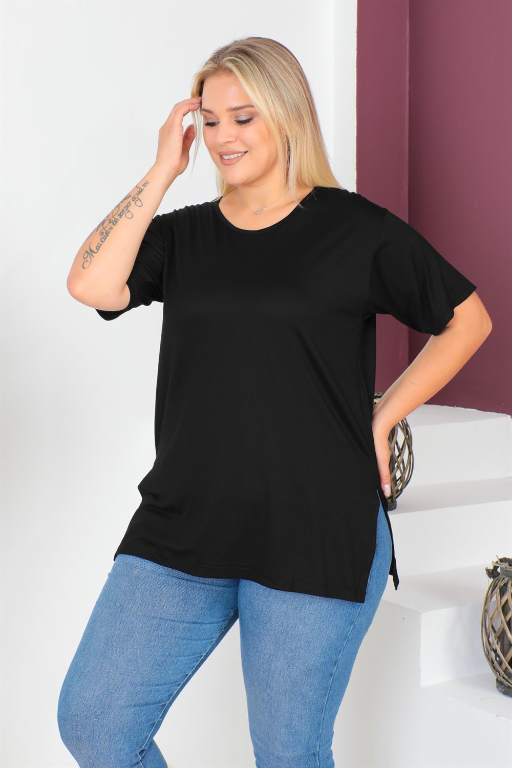 Siyah Büyük Beden Penye Bluz  T-Shirt