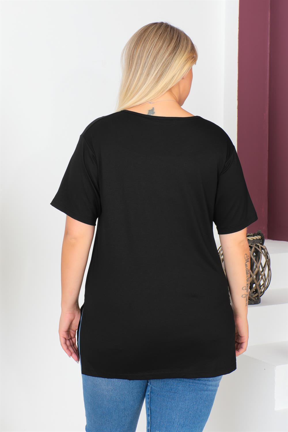 Siyah Büyük Beden Penye Bluz  T-Shirt