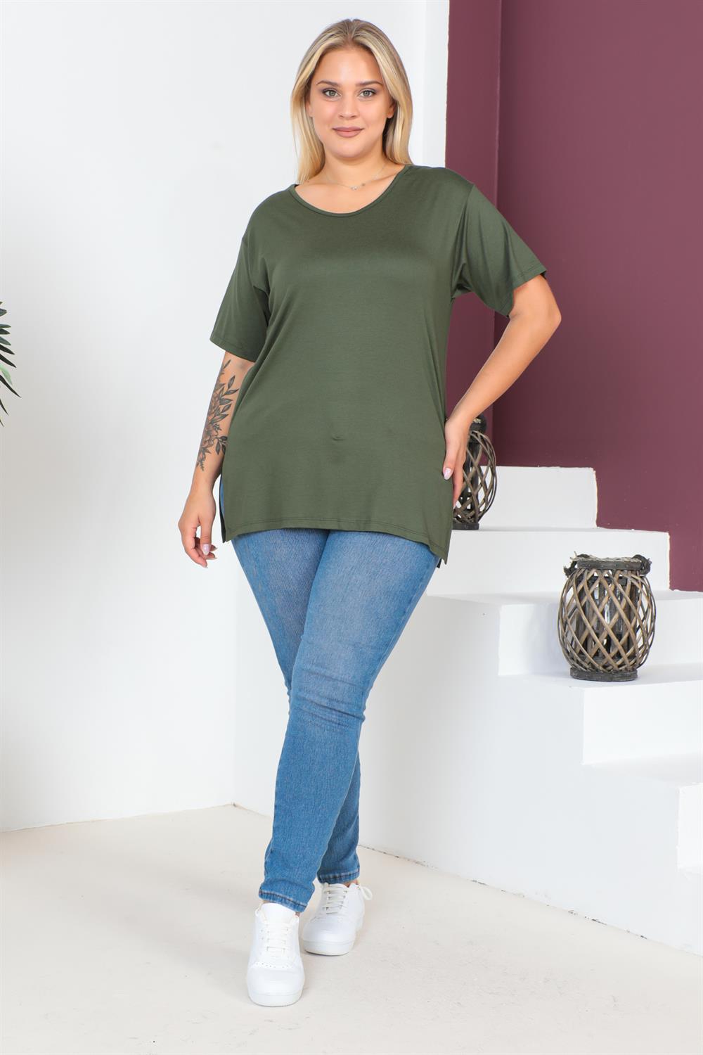 Haki Büyük Beden Penye Bluz  T-Shirt