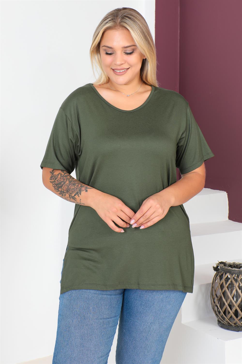 Haki Büyük Beden Penye Bluz  T-Shirt