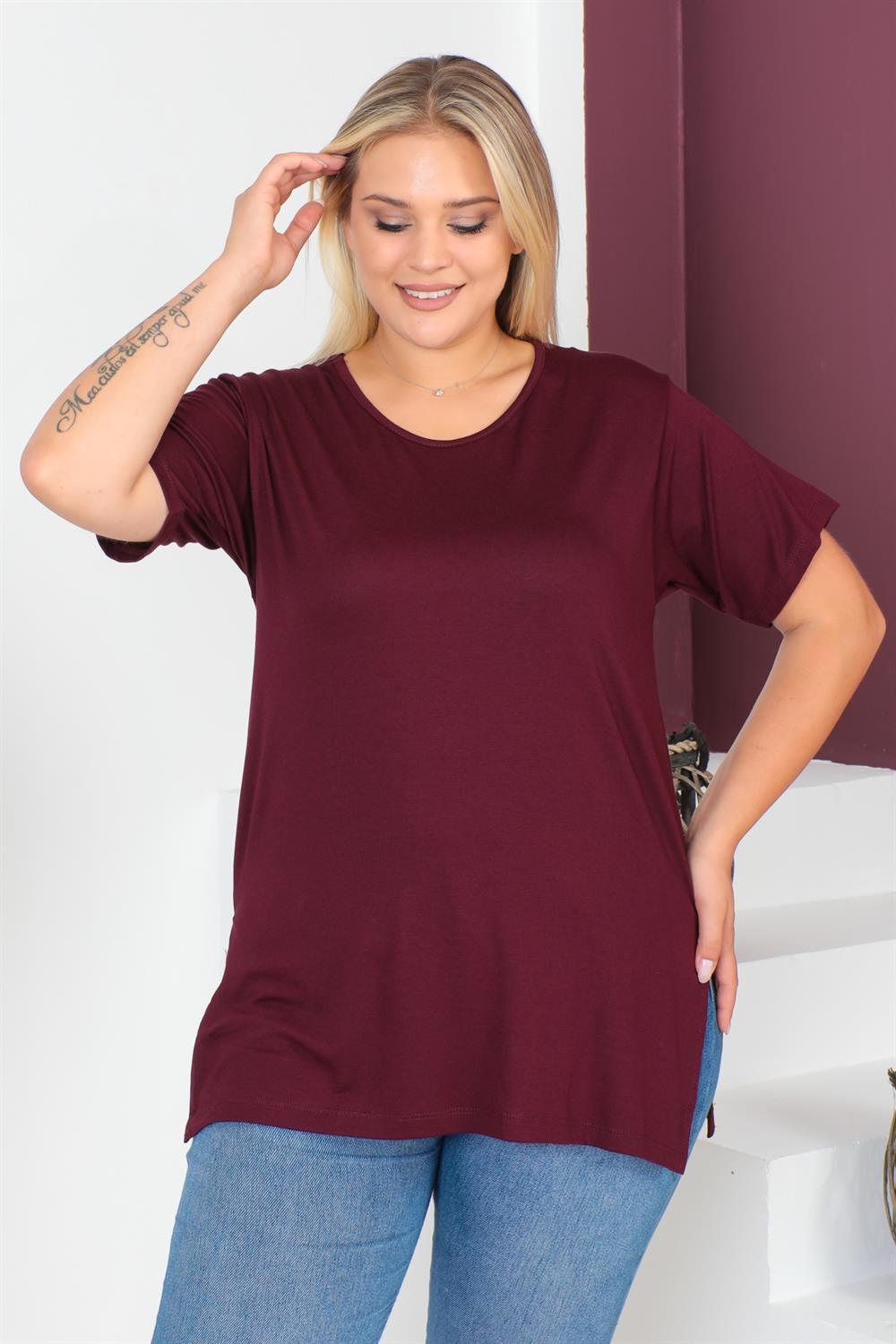 Bordo Büyük Beden Penye Bluz  T-Shirt