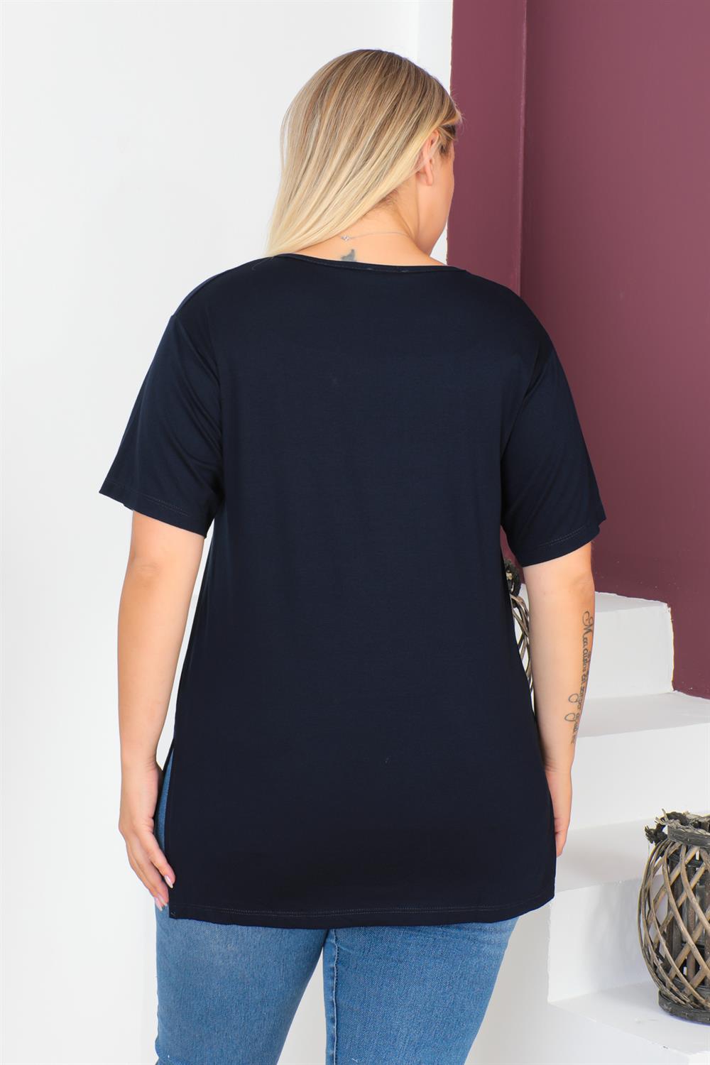 Lacivert Büyük Beden Penye Bluz  T-Shirt